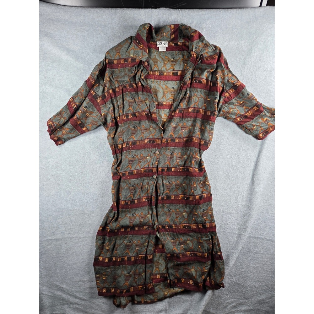 D2NY Button Down Shirt Dress Women Medium Multicolor Tribal Abstract Vintage